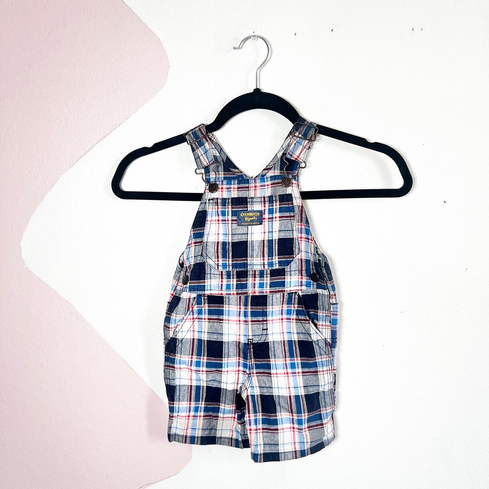 OshKosh Overalls Navy Red Plaid Shortalls‎ Cotton Pockets 18M